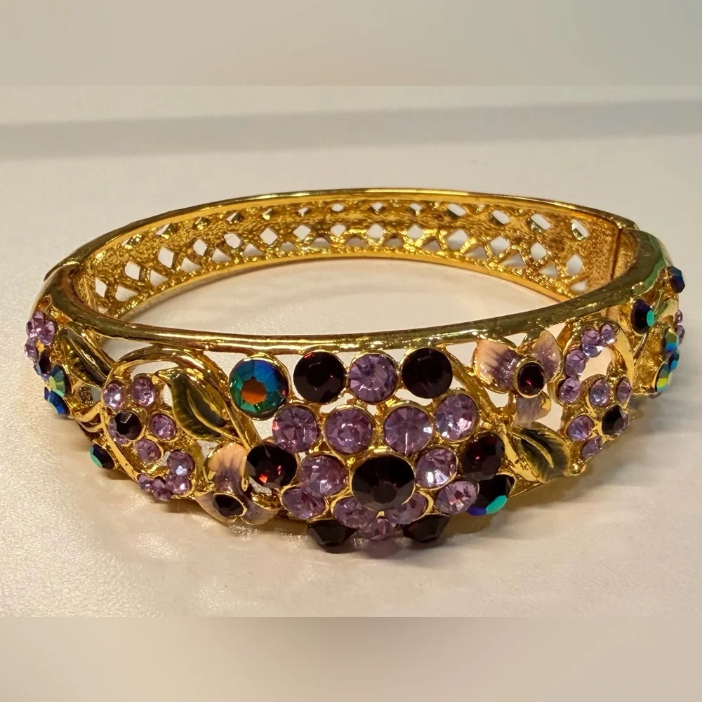 Gold Rhinestone Floral Stackable Multicolor Statement Bangle Bracelet Set